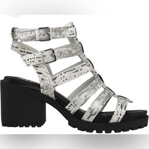 Dirty Laundry, sz 7.5, snake printed, 3" heel, Gladiator!
